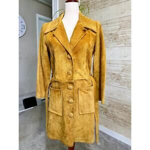 Luxurious Handmade Vintage Camel Color Soft Genuine Suede Leather Trench Sz S